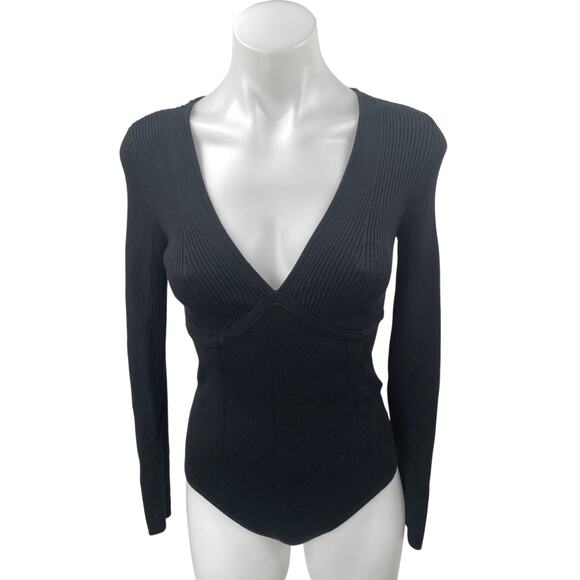 Abercrombie & Fitch Tops - Abercrombie & Fitch Black Rib Knit V-neck Long Sleeve Sweater Bodysuit Top Sz S